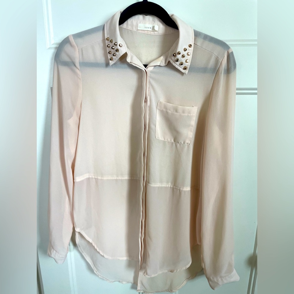 LUSH Blush colored button down shirt with studded embellishments.